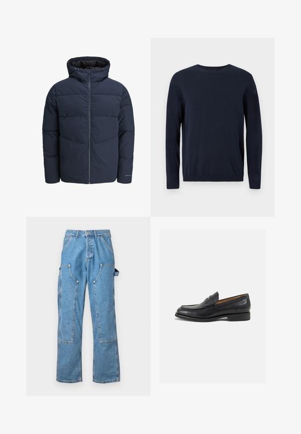 Mornarska puf jakna s kapuco, zadrgo spredaj in chevron vzorcem. Narejena iz teksturiranega blaga z elastičnimi manšetami in logotipom.; Temno modra pletena majica z dolgimi rokavi, krožnim izrezom in rebrastimi manšetami ter robom. Ima majhen logotip na prsih.; Svjetloplave traper cargo hlače s opuštenim krojem, višestrukim zakrpama i kontrastnim šavovima. Sadrži zatvaranje na gumb i petlje za remen.; Črne usnjene loafers cipele z gladko površino, zaobljenim nosom in dekorativnim šivom na vampu. Nizek zloženi peti in rahla sijaj.