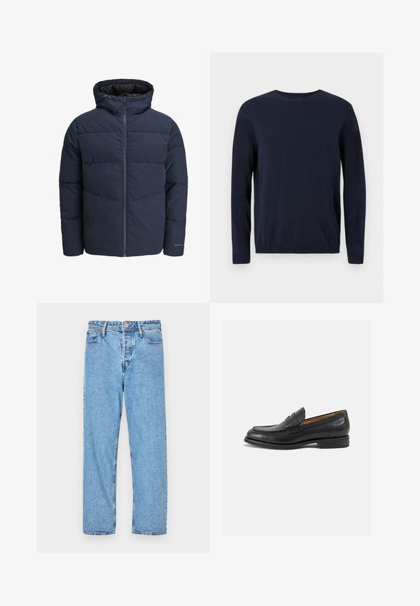 Jūras spēku stila pūkains džemperis ar kapuci, ar rāvējslēdzēju priekšpusē un ķevrona šuvju rakstu. Izgatavots no teksturēta auduma, ar elastīgām aprocēm un logotipa detalizāciju.; Tumši zila adīta džemperis ar garām piedurknēm, apaļu kakla izgriezumu un ribotiem piedurkņu galiem un apakšmalu. Uz krūtīm ir neliels logo.; Gaiši zili džinsi ar taisnas kājas dizainu, piecu kabatu stilu, redzamu diegu šuvēm un pogu un rāvējslēdzēja aizdari.; Melnas ādas loafers ar gludu apdari, noapaļotu purngalu un dekoratīvām šuvēm uz virsu. Zems, sakrauta papēža un neliels spīdums.