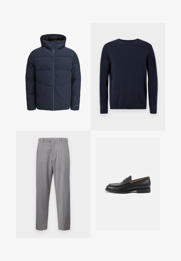 Granatowa kurtka puchowa z kapturem, zapinana na zamek, z wzorem w zygzak. Wykonana z teksturowanej tkaniny, z elastycznymi mankietami i detalem z logo.; Granatowy sweter robiony na drutach z długimi rękawami, okrągłym dekoltem oraz ściągaczami na mankietach i u dołu. Posiada małe logo na piersi.; Szare spodnie materiałowe z teksturowanej tkaniny, charakteryzujące się prostym krojem nogawki, przednimi zagnieceniami oraz standardowym stanem z paskami na pasek.; Czarne skórzane mokasyny o gładkim wykończeniu, zaokrąglonym nosku i dekoracyjnym przeszyciu na cholewce. Niski, warstwowy obcas i delikatny połysk.
