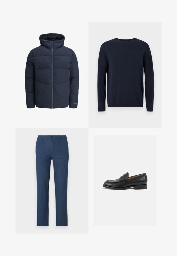 Navy puffer jacket with a hood, zip front, and chevron stitching pattern. Made from textured fabric with elastic cuffs and a logo detail.; Navy blue knitted sweater with long sleeves, crew neckline, and ribbed cuffs and hem. Features a small logo on the chest.; Navy blue trousers made from a lightweight fabric, featuring a straight cut, zipper fly, button closure, and side pockets.; Black leather loafers with a smooth finish, rounded toe, and decorative stitching on the vamp. Low stacked heel and slight shine.