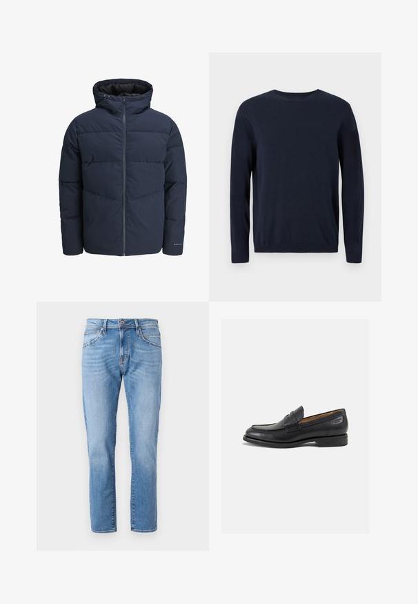Tumesinine puhvpusa, millel on kapuuts, lukuga ees ja chevroni tikandi muster. Valmistatud tekstuursetest kangast, millel on elastsed mansetid ja logodetail.; Tumedat sinise värvi kootud sviiter pikkade varrukatega, ringkaelusega ning ribidega mansettide ja alläärega. Ees on väike logo.; Hele helesinine teksad sirge lõikega, klassikalise viie tasku disainiga, kerge kulumisega ning kontrastse nööbiga vööl.; Mustad mustad nahast loafers, sujuva viimistlusega, ümar sirge ja dekoratiivne tikand peal. Madal ja kergelt kuhjatud konts ning kerge läige.