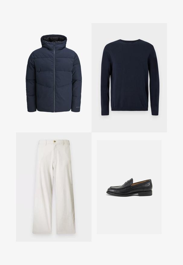 Jūras spēku stila pūkains džemperis ar kapuci, ar rāvējslēdzēju priekšpusē un ķevrona šuvju rakstu. Izgatavots no teksturēta auduma, ar elastīgām aprocēm un logotipa detalizāciju.; Tumši zila adīta džemperis ar garām piedurknēm, apaļu kakla izgriezumu un ribotiem piedurkņu galiem un apakšmalu. Uz krūtīm ir neliels logo.; Beige platīni bikses, kas izgatavotas no kokvilnas, ar rāvējslēdzēju un vienas pogas aizdari. Iespējas priekšējās kabatas un teksturēta auduma apdare.; Melnas ādas loafers ar gludu apdari, noapaļotu purngalu un dekoratīvām šuvēm uz virsu. Zems, sakrauta papēža un neliels spīdums.
