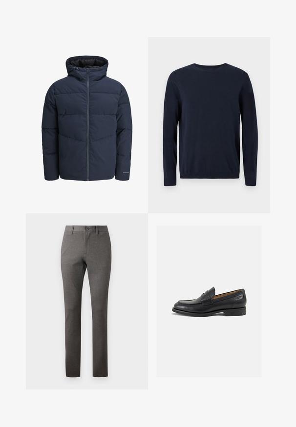 Meripihkalaavun takki hupulla, vetoketjulla ja chevron-niittykuviolla. Valmistettu teksturoidusta kankaasta, jossa on joustavat hihansuut ja logoyksityiskohta.; Tummansininen neulepaita, jossa on pitkät hihat, pyöreä kaula-aukko sekä ribbaus hihansuissa ja helmassa. Paitaa koristaa pieni logo rinnassa.; Harmaat housut, joissa on teksturoitu kangas, suora malli, etutaskut ja yksi nappikiinnitys vyötäröllä.; Mustat nahkaloaferit, joissa on sileä pinta, pyöreä varvas ja koristeompeleet varpaansuojassa. Matala pinottu korko ja hieno kiilto.