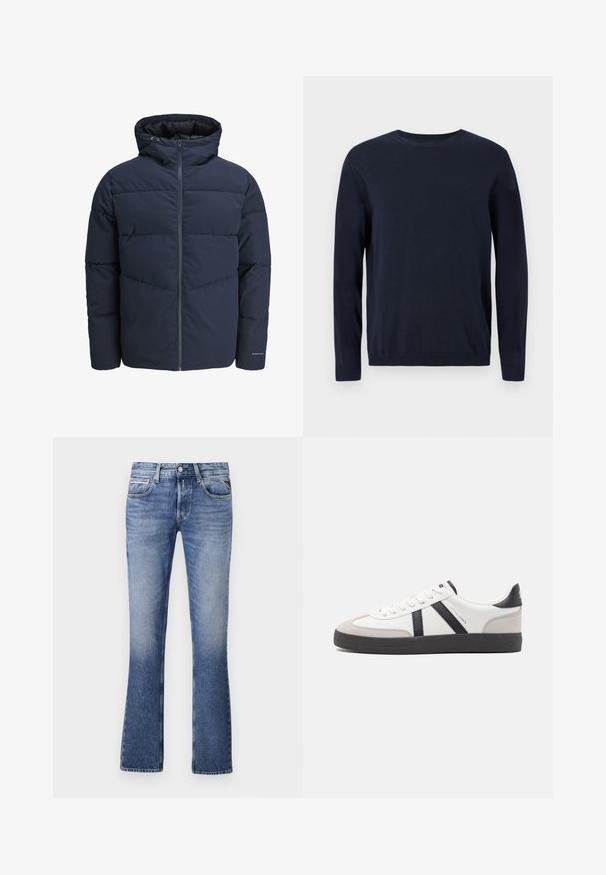 Mornarica puffer jakna s kapuljačom, zatvaranjem na zip i šavnim uzorkom u obliku chevrona. Izrađena od teksturirane tkanine s elastinim manžetama i detaljem s logotipom.; Mornarsko plava pletena majica dugih rukava, sa okruglim izrezom i rebrastim manžetama i donjim rubom. Sadrži mali logo na prsima.; Svijetloplavi traperice s proširenim nogavicama, s pet džepova, prednjim kopčanjem na gumb i suptilnim blijeđenjem po cijeloj površini.; Bijele tenisice s crnim i sivim detaljima, s teksturiranim sivim zaštitnikom prstiju, crnim gumene potplate i ravnim bijelim vezicama. Čist dizajn, minimalistički stil.