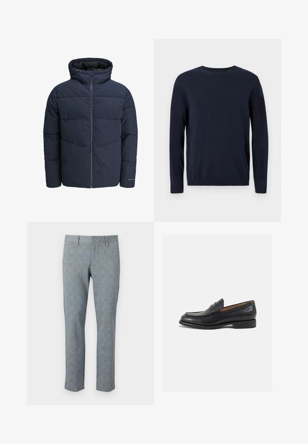 Granatowa kurtka puchowa z kapturem, zapinana na zamek, z wzorem w zygzak. Wykonana z teksturowanej tkaniny, z elastycznymi mankietami i detalem z logo.; Granatowy sweter robiony na drutach z długimi rękawami, okrągłym dekoltem oraz ściągaczami na mankietach i u dołu. Posiada małe logo na piersi.; Szare spodnie teksturowane z delikatnym wzorem w kratę. Posiadają zapięcie na guzik i prostą nogawkę, wykonane z lekkiego materiału.; Czarne skórzane mokasyny o gładkim wykończeniu, zaokrąglonym nosku i dekoracyjnym przeszyciu na cholewce. Niski, warstwowy obcas i delikatny połysk.
