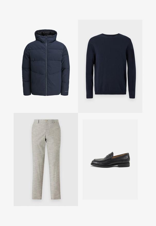 Mornarica puffer jakna s kapuljačom, zatvaranjem na zip i šavnim uzorkom u obliku chevrona. Izrađena od teksturirane tkanine s elastinim manžetama i detaljem s logotipom.; Mornarsko plava pletena majica dugih rukava, sa okruglim izrezom i rebrastim manžetama i donjim rubom. Sadrži mali logo na prsima.; Svijetlosive hlače od teksturirane tkanine, s ravnim prednjim dijelom, patentnim zatvaračem i jednim dugmetom za zatvaranje. Krojen u uskom fitu s ravnim nogavicama.; Crne kožne loferice s glatkom površinom, zaobljenim vrhom i dekorativnim šavom na gornjem dijelu. Nizak potplat s malim potpeticama i blagi sjaj.