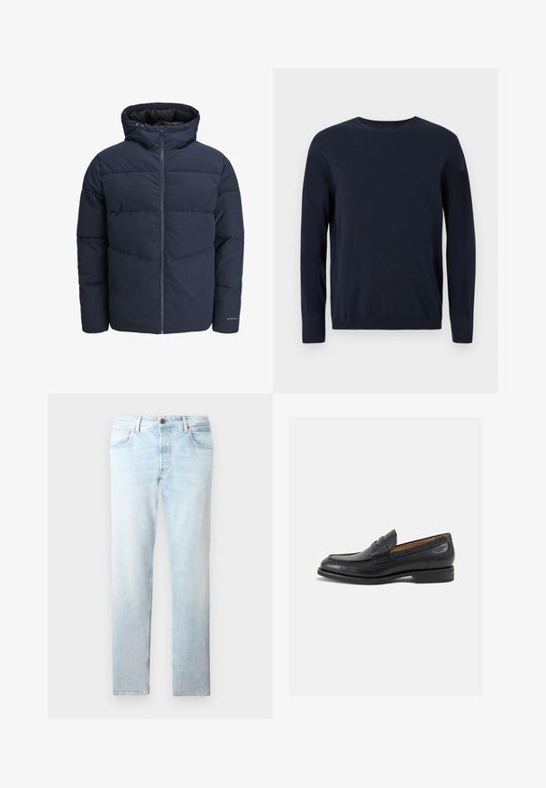 Meripihkalaavun takki hupulla, vetoketjulla ja chevron-niittykuviolla. Valmistettu teksturoidusta kankaasta, jossa on joustavat hihansuut ja logoyksityiskohta.; Tummansininen neulepaita, jossa on pitkät hihat, pyöreä kaula-aukko sekä ribbaus hihansuissa ja helmassa. Paitaa koristaa pieni logo rinnassa.; Vaaleansiniset farkut, joissa on suora lahje, viisi taskua ja yksi nappikiinnitys. Farkkuissa on haalistuneita kohtia ja hienoinen rakenne.; Mustat nahkaloaferit, joissa on sileä pinta, pyöreä varvas ja koristeompeleet varpaansuojassa. Matala pinottu korko ja hieno kiilto.