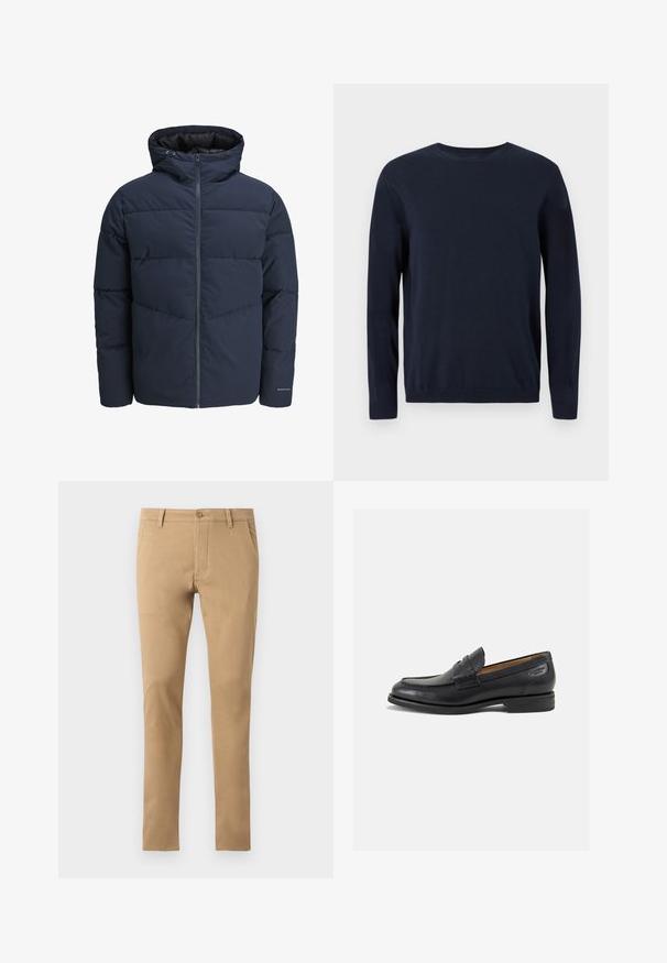 Tamsiai mėlynas pūkinis švarkas su gaubtu, užtrauktuku priekyje ir chevrono raštu. Pagamintas iš tekstūruotos medžiagos su elastinėmis rankovėmis ir logotipo detale.; Tamsiai mėlynas megztinis su ilgomis rankovėmis, apvaliu iškirpimu ir nusmukusiais rankogaliais bei apačia. Ant krūtinės yra mažas logotipas.; Lieknos tinka bežinės chino kelnės su sagų uždarymu, priekinėmis kišenėmis ir lygiu tekstūra. Paprastas dizainas, siaurėjantys džinsai ir švarus kraštas.; Juodi odiniai loafersai su lygiu paviršiumi, apvaliu pirštu ir dekoratyvine siūlė viršuje. Žemas sustiprintas kulnas ir lengvas blizgesys.
