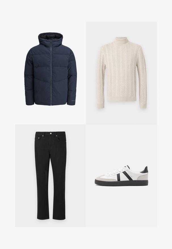 Sötétkék puffajacket kapucnival, cipzáros elülső résszel és chevron mintázattal. Texturált anyagból készült, rugalmas mandzsettákkal és logórészlettel.; Beige, kötött pulóver magas, bordázott garbónyakkal. Texturált fonott minta és bordázott mandzsetta valamint alj jellemzi, ami kényelmes megjelenést kölcsönöz.; Fekete farmernadrág egyenes szárú kialakítással, öt zsebbel és ezüst színű fémrészletekkel, sima textúrával. Nincsenek minták vagy díszítések.; Fehér sneaker fekete és szürke részletekkel, textúrált szürke orr résszel, fekete gumitalppal és lapos fehér fűzőkkel. Tiszta dizájn, minimalista stílus.