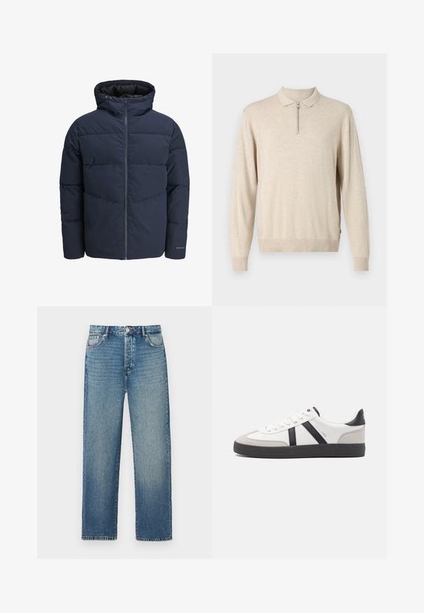 Navy puffer jacket with a hood, zip front, and chevron stitching pattern. Made from textured fabric with elastic cuffs and a logo detail.; Beige long-sleeve pullover with a collared neckline and zip closure. Made of soft material with ribbed cuffs and hem.; Blue denim jeans with a straight cut, featuring a classic five-pocket design, visible stitching, and a faded wash.; White sneaker with black and gray accents, featuring a textured gray toe cap, black rubber sole, and flat white laces. Clean design, minimalist style.