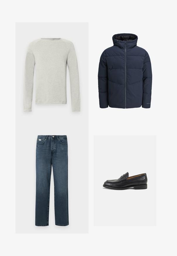 Navy puffer jacket with a hood, zip front, and chevron stitching pattern. Made from textured fabric with elastic cuffs and a logo detail.; Light gray long-sleeve shirt with a round neck, textured fabric, and raglan sleeves. Simple design, no visible logos or patterns.; Dark blue denim jeans with a straight fit, five pockets, belt loops, and a zipper fly. Smooth texture with subtle fading details.; Black leather loafers with a smooth finish, rounded toe, and decorative stitching on the vamp. Low stacked heel and slight shine.