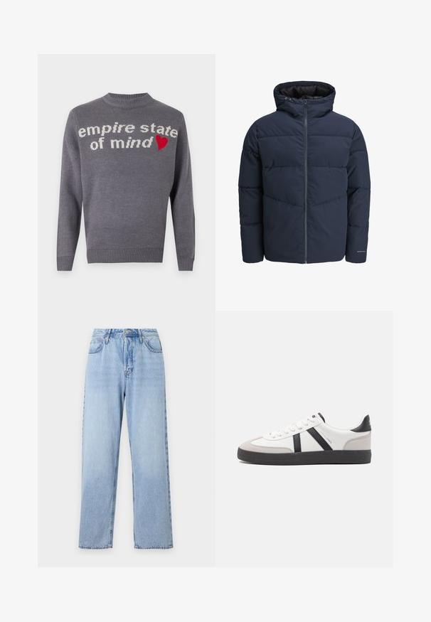 Giacca a vento blu navy con cappuccio, chiusura con zip e motivo a zig-zag. Realizzata in tessuto testurizzato con polsini elasticizzati e dettaglio del logo.; Maglione grigio a maglia con la scritta "empire state of mind" in bianco e un accento a forma di cuore rosso. Collo a giro e orlo e polsini a coste.; Jeans in denim blu chiaro con vestibilità dritta, vita alta, cinque tasche e chiusura con bottone superiore. Presentano un lavaggio sbiadito e cuciture a contrasto.; Sneaker bianco con accenti neri e grigi, dotata di una punta grigia testurizzata, suola in gomma nera e lacci bianchi piatti. Design pulito, stile minimalista.