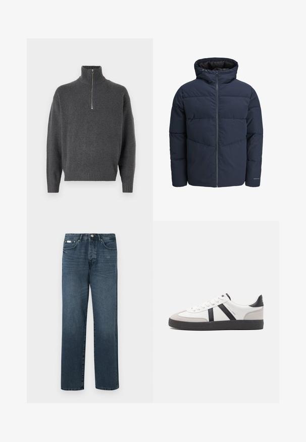 Marineblauwe pufferjas met capuchon, ritssluiting aan de voorkant en chevron-stikpatroon. Gemaakt van textiel met een gestructureerde stof, elastische manchetten en een logo-detail.; Jack & Jones JOROLLIE HALF ZIP - Trui - iron gate; Donkerblauwe denim jeans met een rechte pasvorm, vijf zakken, riemlussen en een ritsgulp. Glad textuur met subtiele vervagingdetails.; Witte sneaker met zwarte en grijze accenten, voorzien van een grijze neus met textuur, zwarte rubberen zool en platte witte veters. Schoon ontwerp, minimalistische stijl.
