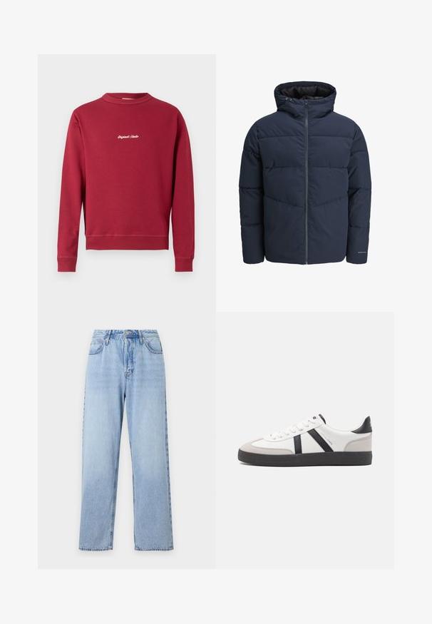 Námořnická puffer bunda s kapucí, zipem vpředu a šikmým švem. Vyrobena z texturované látky s elastickými manžetami a detailem loga.; Bordový svetr vyrobený z bavlněné směsi s kulatým výstřihem, žebrovanými manžetami a lemem. Na přední straně se nachází bílé vyšívané text "Original Studio".; Světle modré džíny z denimu se rovný fit, vysokým pasem, pěti kapsami a uzávěrem na horní knoflík. Mají vybledlý vzhled a kontrastní prošívání.; Bílé tenisky s černými a šedými akcenty, opatřené texturovaným šedým prstovým krytem, černou gumovou podrážkou a plochými bílými tkaničkami. Čistý design, minimalistický styl.