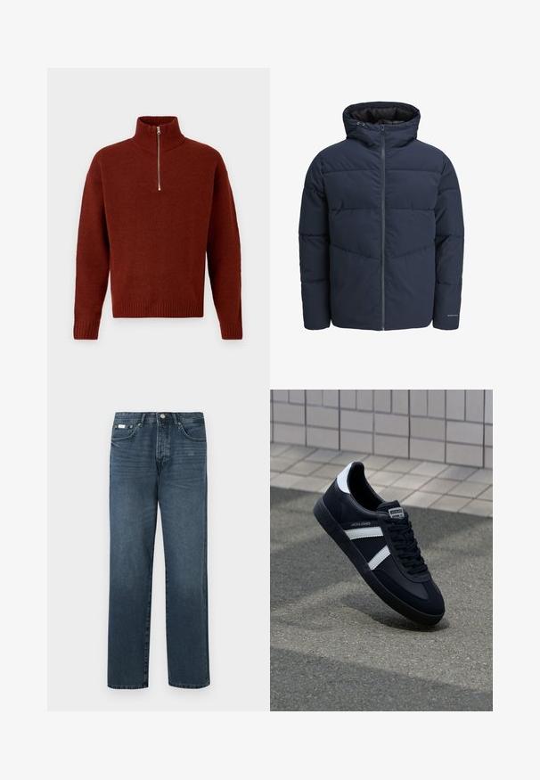 Námornícka prešívaná bunda s kapucňou, zipsom vpredu a šikmým prešívaním. Vyrobená z textúrovanej tkaniny s elastickými manžetami a detailom loga.; Jack & Jones JOROLLIE HALF ZIP - Svetrík - dark brown; Tmavomodré denimové džínsy so strihom rovného strihu, piatimi vreckami, pútkami na opasok a zipsom. Hladká textúra s jemnými efektmi vyblednutia.; Čierne kožené tenisky s bielymi pruhmi, textúrovanou gumovou podrážkou a šnurovaním vpredu. Obsahujú označenie značky na jazyku.