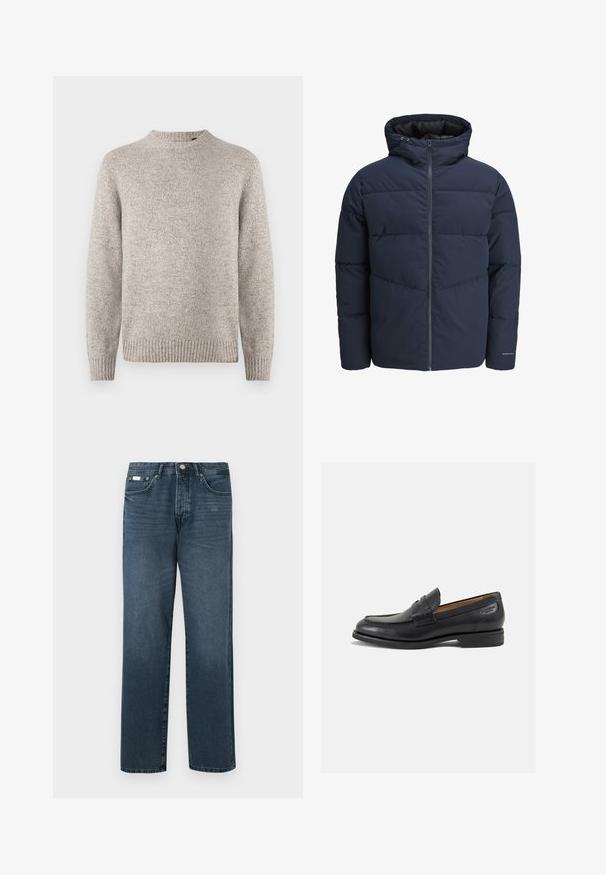 Mornarska puf jakna s kapuco, zadrgo spredaj in chevron vzorcem. Narejena iz teksturiranega blaga z elastičnimi manšetami in logotipom.; Svetlo siva pletena jopica s okroglo izreza, rebrastimi manšetami in robom ter teksturirano površino. Brez vidnih vzorcev ali dodatkov.; Temno modri džins hlače z ravnim krojem, petimi žepi, obrobo za pas in zadrgo. Gladek material z nežnimi podrobnostmi zbledenja.; Črne usnjene loafers cipele z gladko površino, zaobljenim nosom in dekorativnim šivom na vampu. Nizek zloženi peti in rahla sijaj.