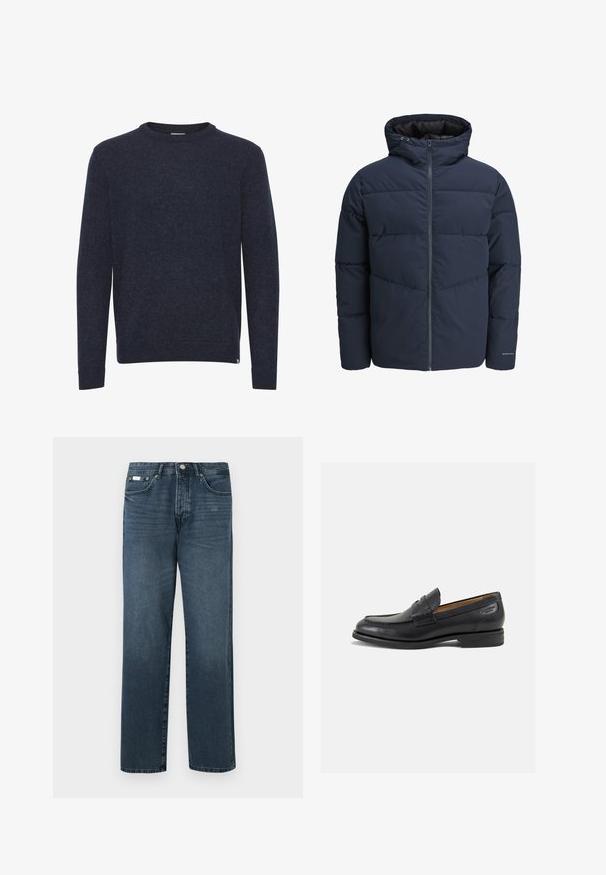 Marineblaue Pufferjacke mit Kapuze, Reißverschluss vorne und Chevron-Nähten. Hergestellt aus strukturiertem Stoff mit elastischen Bündchen und einem Logodetail.; Dunkelblauer Pullover aus einem weichen, strukturierten Stoff. Mit Rundhalsausschnitt, langen Ärmeln sowie gerippten Bündchen und Saum. Einfaches Design.; Dunkelblaue Jeans aus Denim mit geradem Schnitt, fünf Taschen, Gürtelschlaufen und Reißverschluss. Glatte Textur mit dezenten Ausbleichungen.; Schwarze Leder Slipper mit glatter Oberfläche, runder Spitze und dekorativer Naht auf dem Vorderblatt. Niedriger Blockabsatz und leichter Glanz.