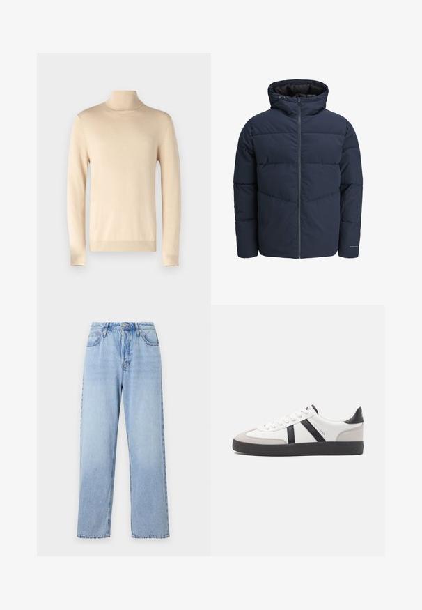 Navy puffer jacket with a hood, zip front, and chevron stitching pattern. Made from textured fabric with elastic cuffs and a logo detail.; Only & Sons ONSALEX - Jumper - beige; Light blue denim jeans with a straight fit, high waist, five pockets, and top button closure. Features faded wash and contrast stitching.; White sneaker with black and gray accents, featuring a textured gray toe cap, black rubber sole, and flat white laces. Clean design, minimalist style.