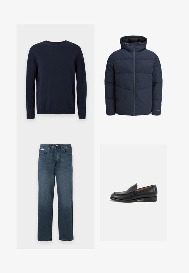 Tamsiai mėlynas pūkinis švarkas su gaubtu, užtrauktuku priekyje ir chevrono raštu. Pagamintas iš tekstūruotos medžiagos su elastinėmis rankovėmis ir logotipo detale.; Tamsiai mėlynas megztinis su ilgomis rankovėmis, apvaliu iškirpimu ir nusmukusiais rankogaliais bei apačia. Ant krūtinės yra mažas logotipas.; Tamsiai mėlynos džinsinės kelnės, tiesaus modelio, su penkiomis kišenėmis, diržo kilpomis ir užtrauktuku. Lygaus tekstūros su subtiliais blukimo akcentais.; Juodi odiniai loafersai su lygiu paviršiumi, apvaliu pirštu ir dekoratyvine siūlė viršuje. Žemas sustiprintas kulnas ir lengvas blizgesys.