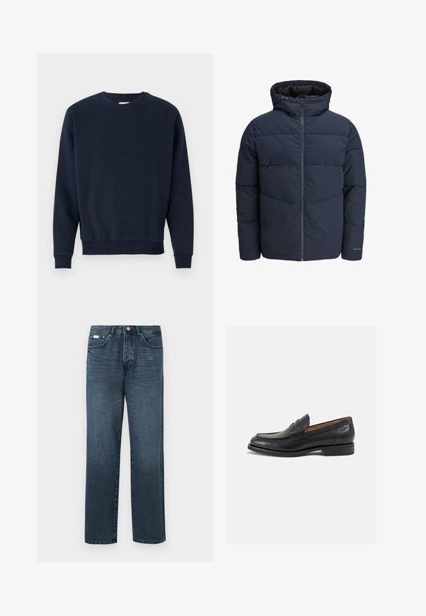 Marinblå puffjacka med huva, dragkedja fram och chevronmönster. Tillverkad av textil med elastiska ärmslut och logotypdetalj.; Marinblå bomullströja med rund hals, långa ärmar och ribbade muddar samt nederkant. Slät textur, minimalistisk design, inga synliga logotyper.; Mörkblå denimjeans med rak passform, fem fickor, bälteshällor och dragkedja. Slät textur med subtila blekningdetaljer.; Svarta läder loafers med en slät ytfinish, rund tå och dekorativ sömnad på vampen. Låg staplad klack och lätt glans.