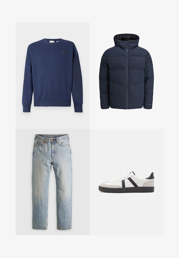 Navy pufferjakke med hette, glidelås foran og chevron søm mønster. Laget av strukturert stoff med elastiske mansjetter og logo detalj.; Marineblå sweatshirt laget av myk bomullsblanding, har rund hals, ribbestrikkede mansjetter og teksturert logo-patch på brystet.; Lys blå denim jeans med høy midje, frontknapp, glidelås og fem-lommers design, lagt flatt på en nøytral bakgrunn.; Hvite sneakers med svarte og grå detaljer, med en teksturert grå tåhette, svart gummisåle, og flate hvite lisser. Rent design, minimalistisk stil.