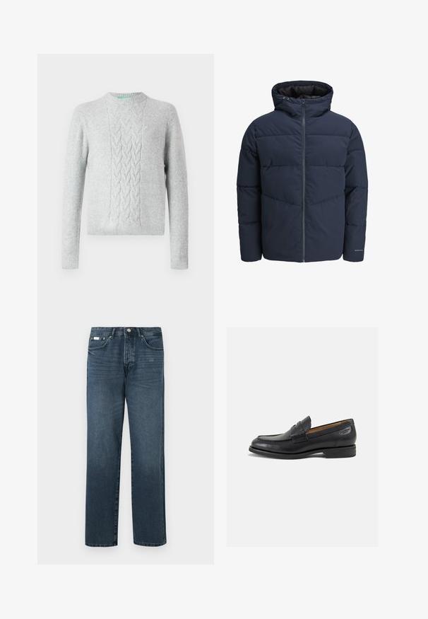 Navy puffer jacket with a hood, zip front, and chevron stitching pattern. Made from textured fabric with elastic cuffs and a logo detail.; Light gray knitted sweater with cable knit pattern on chest, round neck, long sleeves, and ribbed cuffs and hem. Smooth texture, minimal branding.; Dark blue denim jeans with a straight fit, five pockets, belt loops, and a zipper fly. Smooth texture with subtle fading details.; Black leather loafers with a smooth finish, rounded toe, and decorative stitching on the vamp. Low stacked heel and slight shine.