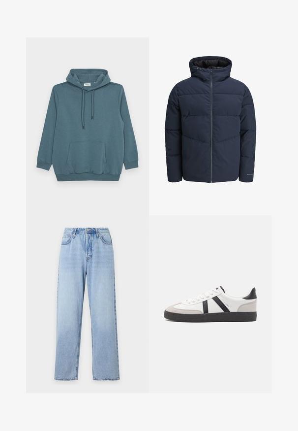 Veste en duvet navy avec capuche, fermeture éclair à l'avant et motif de piqûre en chevrons. Fabriquée en tissu texturé avec des poignets élastiques et un détail de logo.; Hoodie bleu-vert avec capuche à cordon de serrage, manches longues, poche kangourou à l'avant, et poignets et ourlet côtelés en tissu lisse.; Jean en denim bleu clair avec une coupe droite, taille haute, cinq poches et fermeture par bouton supérieur. Présente un effet délavé et des coutures contrastées.; Baskets blanches avec des accents noirs et gris, présentant un embout texturé gris, une semelle en caoutchouc noir et des lacets plats blancs. Design épuré, style minimaliste.