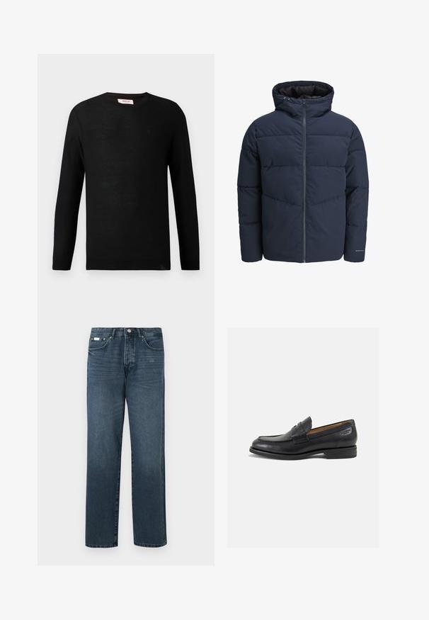 Mornarska puf jakna s kapuco, zadrgo spredaj in chevron vzorcem. Narejena iz teksturiranega blaga z elastičnimi manšetami in logotipom.; Črn pleten pulover z dolgimi rokavi in okroglo izrezom. Subtle tekstura in majhen logotip na prsih. Klasičen in vsestranski dizajn.; Temno modri džins hlače z ravnim krojem, petimi žepi, obrobo za pas in zadrgo. Gladek material z nežnimi podrobnostmi zbledenja.; Črne usnjene loafers cipele z gladko površino, zaobljenim nosom in dekorativnim šivom na vampu. Nizek zloženi peti in rahla sijaj.