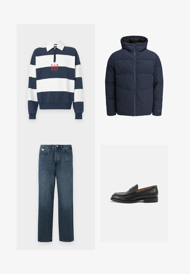 Námornícka prešívaná bunda s kapucňou, zipsom vpredu a šikmým prešívaním. Vyrobená z textúrovanej tkaniny s elastickými manžetami a detailom loga.; Námornícke a biele pruhované pulóverové tričko so zipsom na golieri, s vyšitým logom "GAP" v červenej farbe na strede. Mäkká tkanina, voľný strih.; Tmavomodré denimové džínsy so strihom rovného strihu, piatimi vreckami, pútkami na opasok a zipsom. Hladká textúra s jemnými efektmi vyblednutia.; Čierne kožené mokasíny s hladkým povrchom, zaoblenou špičkou a dekoratívnym prešívaním na prednej časti. Nízky kokteilový opätok a jemný lesk.