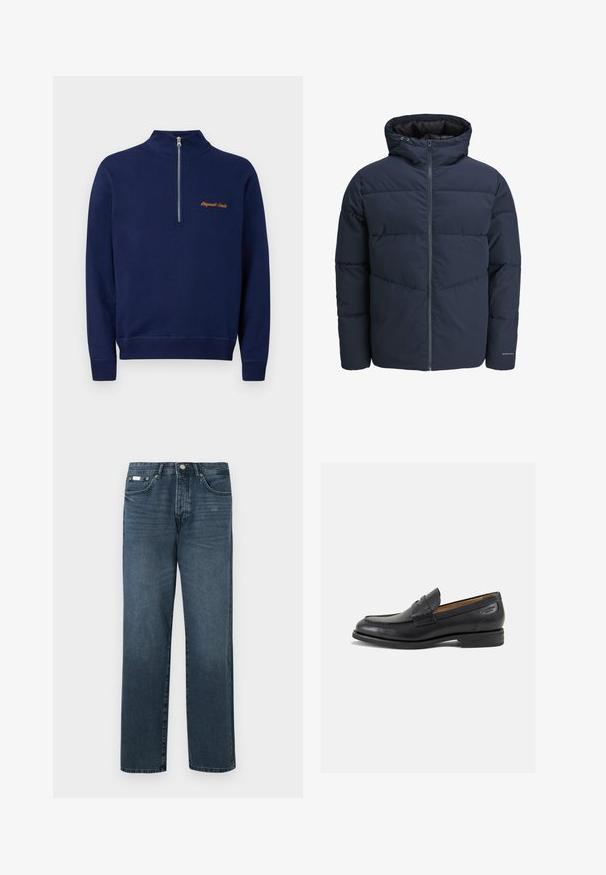 Navy puffer jacket with a hood, zip front, and chevron stitching pattern. Made from textured fabric with elastic cuffs and a logo detail.; Navy blue pullover sweatshirt with a quarter-zip collar and "Originals Studio" embroidered in orange on the chest.; Dark blue denim jeans with a straight fit, five pockets, belt loops, and a zipper fly. Smooth texture with subtle fading details.; Black leather loafers with a smooth finish, rounded toe, and decorative stitching on the vamp. Low stacked heel and slight shine.