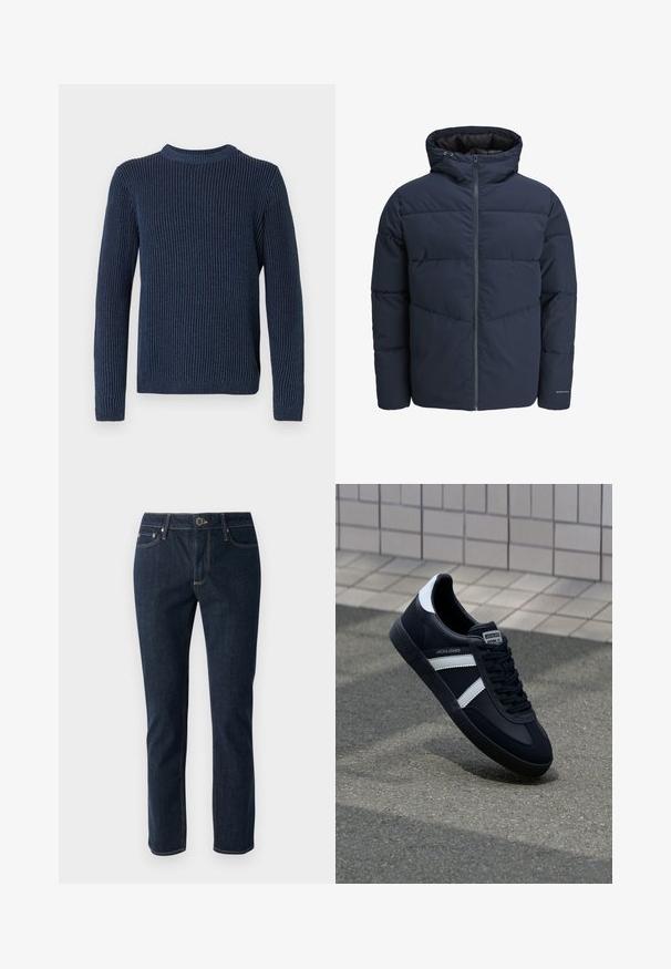Navy pufferjakke med hette, glidelås foran og chevron søm mønster. Laget av strukturert stoff med elastiske mansjetter og logo detalj.; Marineblå ribbestrikket genser med lange ermer og rund hals. Har et teksturert, vertikalt mønster og en liten logo ved nedre kant.; Mørkeblå denimjeans med rett ben-design, med knappelukking, fem lommer og kontrasterende søm. Jevn tekstur.; Sorte lærersneaker med hvite striper, teksturert gummihæl og snøring foran. Har et merketikett på tungen.