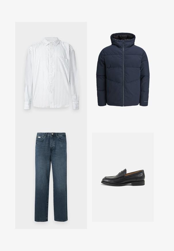 Veste en duvet navy avec capuche, fermeture éclair à l'avant et motif de piqûre en chevrons. Fabriquée en tissu texturé avec des poignets élastiques et un détail de logo.; Chemise à manches longues avec boutons en blanc, dotée de fines rayures verticales rouges, texture douce, col pointu et une poche sur la poitrine gauche.; Jean en denim bleu foncé avec une coupe droite, cinq poches, passants de ceinture et fermeture à glissière. Texture lisse avec des détails de décoloration subtils.; Mocassins en cuir noir avec une finition lisse, bout rond et coutures décoratives sur la tige. Talon bas empilé et léger brillant.