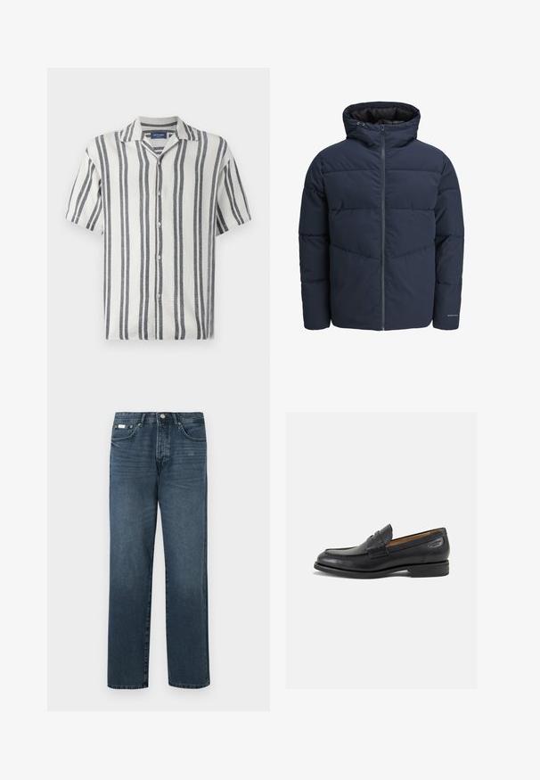 Jachetă puffer de culoare bleumarin cu glugă, închidere cu fermoar pe față și model de cusături în formă de V. Fabricată dintr-un material texturat, cu manșete elastice și detalii cu logo.; Cămașă cu mânecă scurtă dintr-un material texturat, cu dungi verticale alb-albastre, având un guler cu decupaj și închidere cu butoane.; Jeans din denim albastru închis, cu o croială dreaptă, cinci buzunare, bucle pentru centură și fermoar. Textură netedă cu detalii subtile de decolorare.; Mocasini din piele neagră cu o finisare netedă, vârf rotund și cusături decorative pe partea superioară. Toc mic și stivuit, cu o ușoară strălucire.