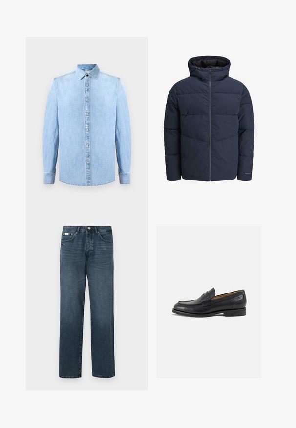 Tamsiai mėlynas pūkinis švarkas su gaubtu, užtrauktuku priekyje ir chevrono raštu. Pagamintas iš tekstūruotos medžiagos su elastinėmis rankovėmis ir logotipo detale.; Šviesiai mėlyna džinsinė marškinė su ilgomis rankovėmis, mygtukų užsegimu priekyje ir klasikiniu apykakle. Pasižymi lygia tekstūra ir siūlėmis dekoruotais akcentais.; Tamsiai mėlynos džinsinės kelnės, tiesaus modelio, su penkiomis kišenėmis, diržo kilpomis ir užtrauktuku. Lygaus tekstūros su subtiliais blukimo akcentais.; Juodi odiniai loafersai su lygiu paviršiumi, apvaliu pirštu ir dekoratyvine siūlė viršuje. Žemas sustiprintas kulnas ir lengvas blizgesys.
