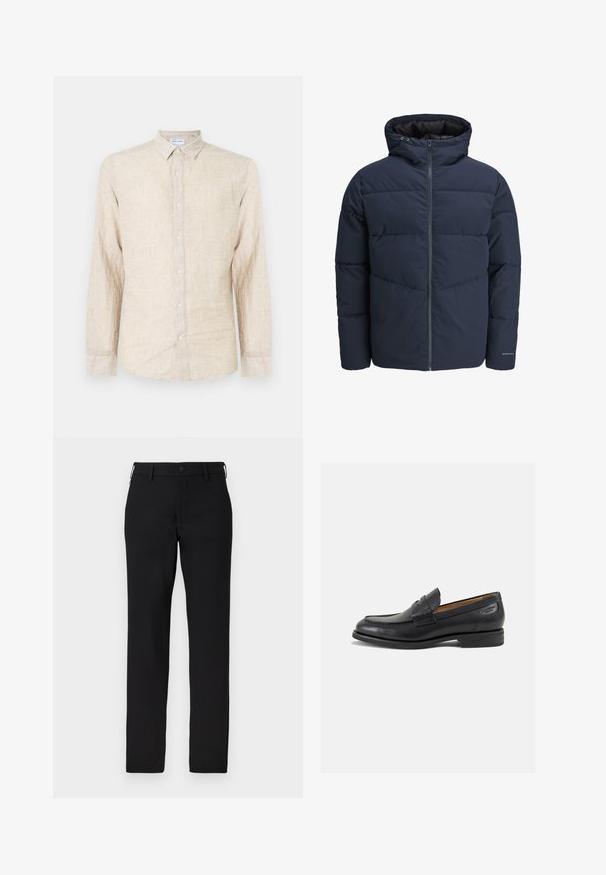 Námořnická puffer bunda s kapucí, zipem vpředu a šikmým švem. Vyrobena z texturované látky s elastickými manžetami a detailem loga.; Beige košile s dlouhým rukávem vyrobená z texturované tkaniny, s klasickým límcem, zapínáním na knoflíky a volným střihem.; Černé kalhoty vyrobené z hladkého materiálu, se střihem rovného nohavic, s knoflíkovým zapínáním a poutek na opasek. Bez viditelných vzorů nebo akcentů.; Černé kožené mokasíny s hladkým povrchem, zaoblenou špičkou a dekorativním prošíváním na svršku. Nízký podpatka a mírný lesk.