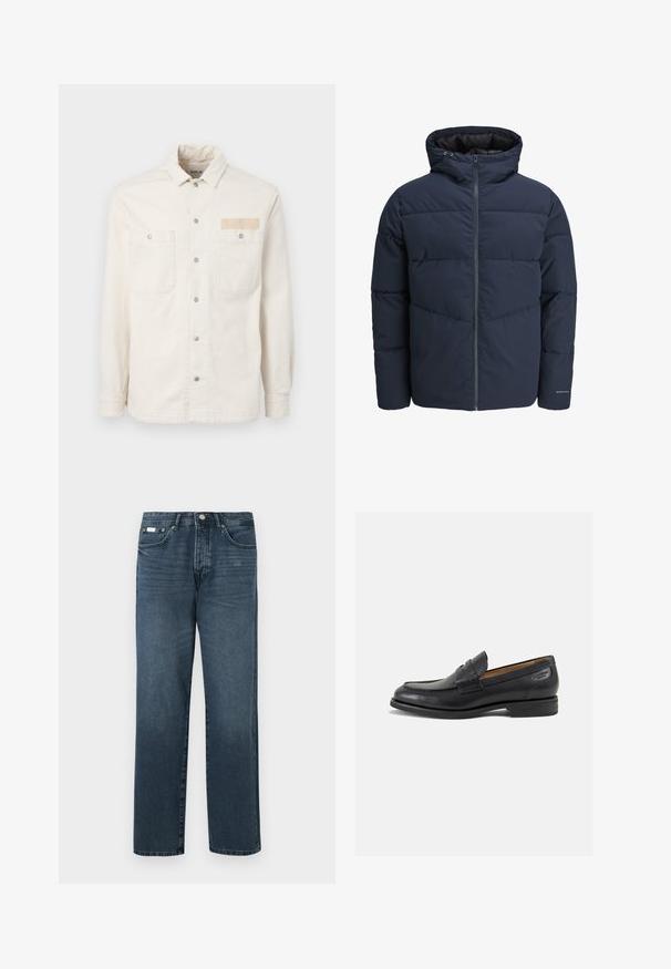 Jūras spēku stila pūkains džemperis ar kapuci, ar rāvējslēdzēju priekšpusē un ķevrona šuvju rakstu. Izgatavots no teksturēta auduma, ar elastīgām aprocēm un logotipa detalizāciju.; Balta denima jaka ar garām piedurknēm, punktveida apkakli, divām priekšējām kabatām, metāla pogām un zīmola auduma etiķeti uz krūtīm.; Tumši zila džinsu auduma bikses ar taisnu piegriezumu, piecām kabatām, jostas cilpām un rāvējslēdzēju. Gluda struktūra ar smalki izpludinātiem detaļām.; Melnas ādas loafers ar gludu apdari, noapaļotu purngalu un dekoratīvām šuvēm uz virsu. Zems, sakrauta papēža un neliels spīdums.