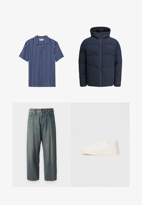 Marineblå pufferjakke med hætte, lynlås foran og chevron syning mønster. Lavet af tekstureret stof med elastiske manchetter og logo detaljer.; Pier One LINEN MIX BLEND SHIRT - Skjorter - dark blue/white; Lyseblå denim jeans med løs pasform, mellemhøj talje og lige ben. Har fem lommer, bæltestropper og en knappelukning.; Hvide slip-on sneakers med en struktureret overflade, en tyk sål og et minimalistisk design. Har brandlogoet på siden.