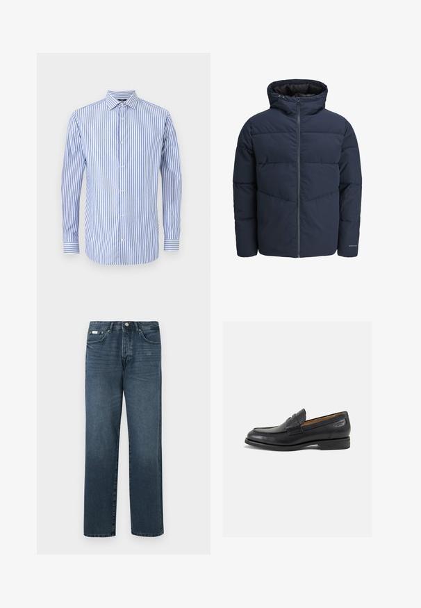 Mornarska puf jakna s kapuco, zadrgo spredaj in chevron vzorcem. Narejena iz teksturiranega blaga z elastičnimi manšetami in logotipom.; Modra in bela prugasta srajca s kragnico, dolgimi rokavi in ravnim robom. Mehka tkanina in klasičen kroj.; Temno modri džins hlače z ravnim krojem, petimi žepi, obrobo za pas in zadrgo. Gladek material z nežnimi podrobnostmi zbledenja.; Črne usnjene loafers cipele z gladko površino, zaobljenim nosom in dekorativnim šivom na vampu. Nizek zloženi peti in rahla sijaj.