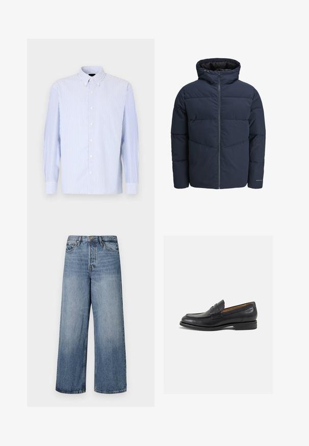 Sötétkék puffajacket kapucnival, cipzáros elülső résszel és chevron mintázattal. Texturált anyagból készült, rugalmas mandzsettákkal és logórészlettel.; Világoskék és fehér csíkos, hosszú ujjú ing, gombos gallérral és fehér gombokkal. Simag szövet, laza szabással.; Széles lábú kék farmernadrág, elhalványodott mosással, öt zsebbel és gombos zárással. Övhurkokkal és steppelt részletekkel ellátva.; Fekete bőr loaferek sima felülettel, lekerekített orral és díszítő varrással a lábfejen. Alacsony, réteges sarkú és enyhe fényű.