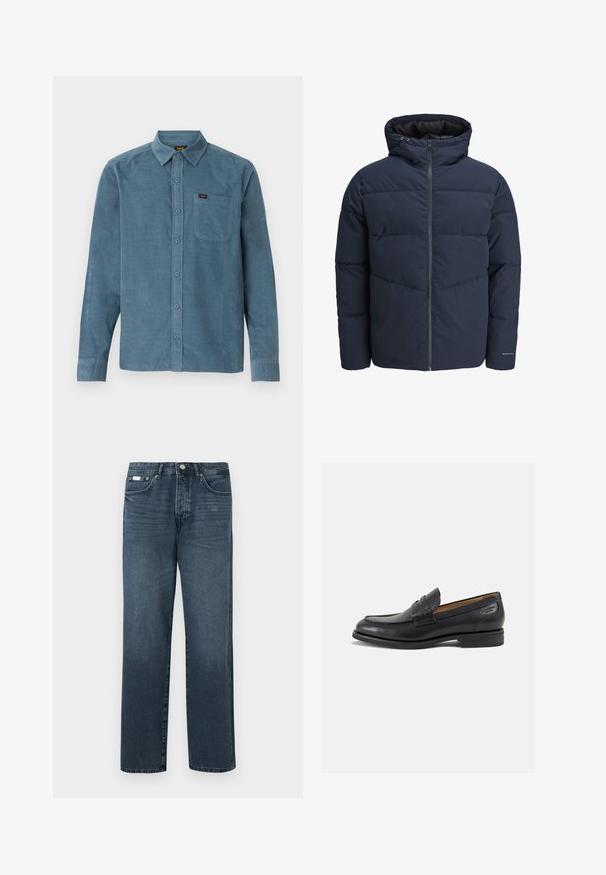 Navy pufferjakke med hette, glidelås foran og chevron søm mønster. Laget av strukturert stoff med elastiske mansjetter og logo detalj.; Langermet skjorte i blå cordfløyel, med krage som festes med knapper, frontlomme og subtil merking på lommen.; Mørkeblå denimjeans med rett passform, fem lommer, beltehemper og glidelås. Jeansen har en jevn tekstur med subtile falming detaljer.; Sorte lær loafers med en glat overflade, rund tå og dekorativ syning på forfoden. Lav stablet hæl og let glans.