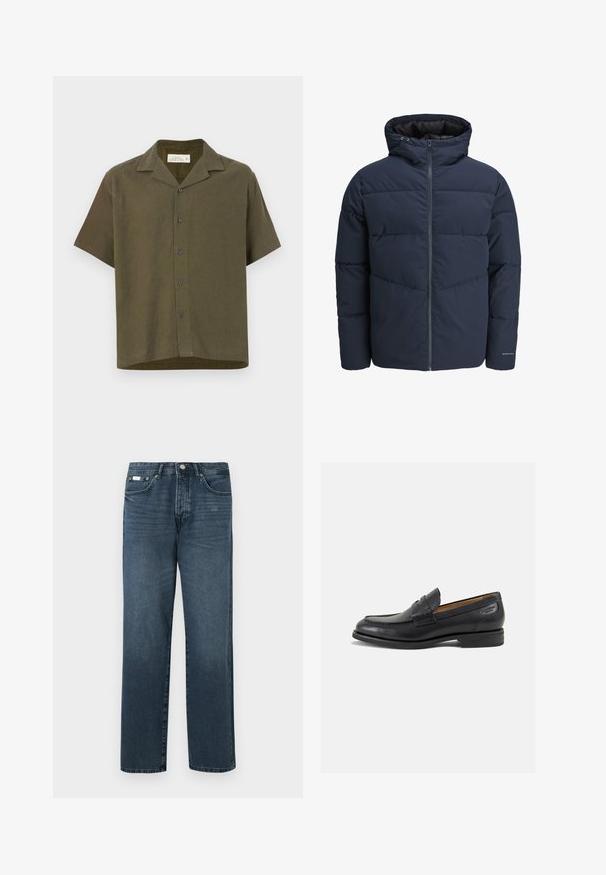 Giacca a vento blu navy con cappuccio, chiusura con zip e motivo a zig-zag. Realizzata in tessuto testurizzato con polsini elasticizzati e dettaglio del logo.; Camicia a maniche corte senza colletto in tessuto verde oliva scuro. Presenta cinque bottoni sul davanti e un orlo dritto. Realizzata in una miscela di lino.; Jeans in denim blu scuro con vestibilità dritta, cinque tasche, passanti per cintura e zip frontale. Tessuto liscio con dettagli di sfumatura discreti.; Mocassini in pelle nera con finitura liscia, punta arrotondata e cuciture decorative sulla tomaia. Tacco basso impilato e leggero lucido.