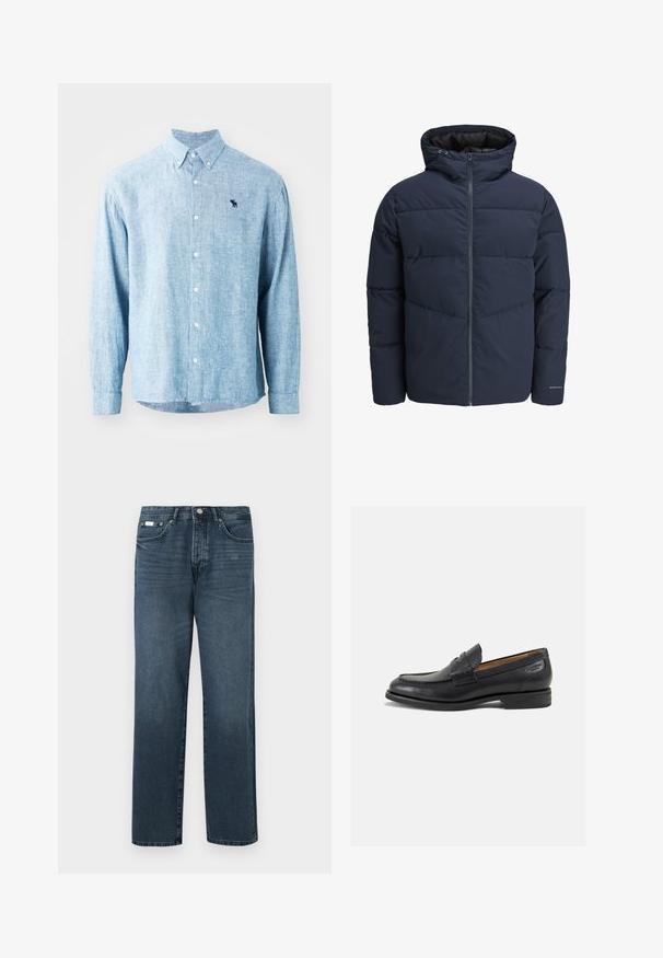 Veste en duvet navy avec capuche, fermeture éclair à l'avant et motif de piqûre en chevrons. Fabriquée en tissu texturé avec des poignets élastiques et un détail de logo.; Chemise boutonnée bleu clair en tissu texturé. Comprend un col, des manches longues et un petit logo sombre sur la poitrine.; Jean en denim bleu foncé avec une coupe droite, cinq poches, passants de ceinture et fermeture à glissière. Texture lisse avec des détails de décoloration subtils.; Mocassins en cuir noir avec une finition lisse, bout rond et coutures décoratives sur la tige. Talon bas empilé et léger brillant.