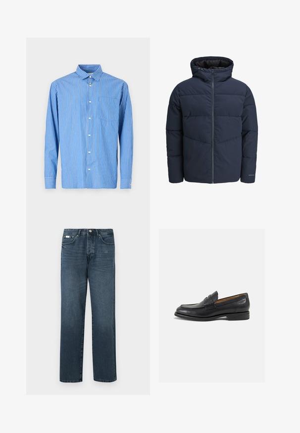 Veste en duvet navy avec capuche, fermeture éclair à l'avant et motif de piqûre en chevrons. Fabriquée en tissu texturé avec des poignets élastiques et un détail de logo.; Chemise à manches longues rayée bleue et blanche, design à boutons, dotée d'un col classique et d'une poche poitrine unique. Tissu en coton doux.; Jean en denim bleu foncé avec une coupe droite, cinq poches, passants de ceinture et fermeture à glissière. Texture lisse avec des détails de décoloration subtils.; Mocassins en cuir noir avec une finition lisse, bout rond et coutures décoratives sur la tige. Talon bas empilé et léger brillant.