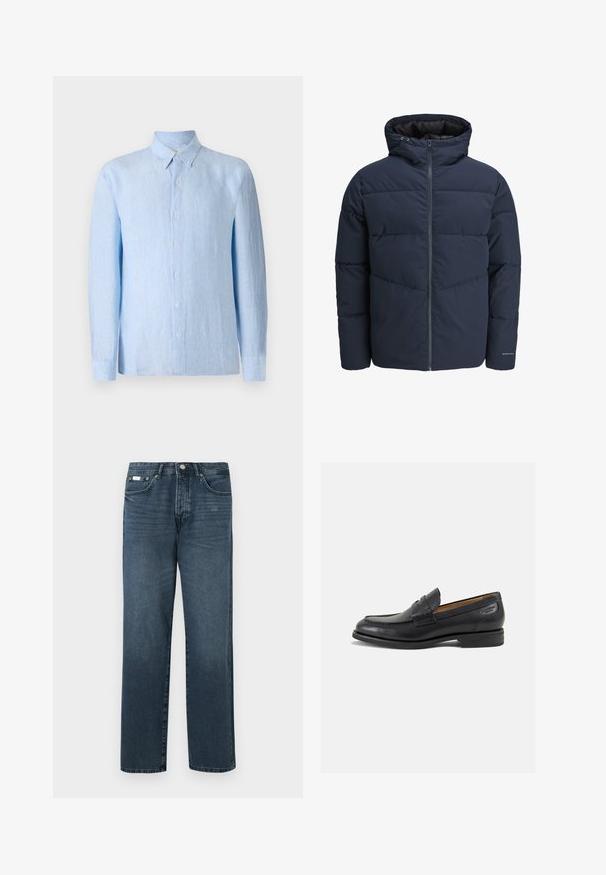 Giacca a vento blu navy con cappuccio, chiusura con zip e motivo a zig-zag. Realizzata in tessuto testurizzato con polsini elasticizzati e dettaglio del logo.; Camicia a maniche lunghe di colore azzurro chiaro, realizzata in un tessuto testurizzato. Presenta un colletto classico e una chiusura con bottoni frontale.; Jeans in denim blu scuro con vestibilità dritta, cinque tasche, passanti per cintura e zip frontale. Tessuto liscio con dettagli di sfumatura discreti.; Mocassini in pelle nera con finitura liscia, punta arrotondata e cuciture decorative sulla tomaia. Tacco basso impilato e leggero lucido.