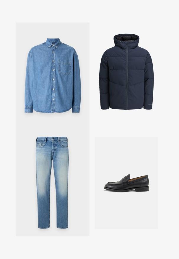 Tumesinine puhvpusa, millel on kapuuts, lukuga ees ja chevroni tikandi muster. Valmistatud tekstuursetest kangast, millel on elastsed mansetid ja logodetail.; Heledsinine teksashirt pika varrukaga, nööpidega krae, eesmine tasku ja lõdva istuvusega. Kanga tekstuur näib sile ja kulunud.; Heledad sinine denimist teksapüksid, millel on tuhm viimistlus, sirged jalad, viis taskut ja nööbiga kinnitamine. Õmblemise detailid ja brändi silt tagaküljel.; Mustad mustad nahast loafers, sujuva viimistlusega, ümar sirge ja dekoratiivne tikand peal. Madal ja kergelt kuhjatud konts ning kerge läige.