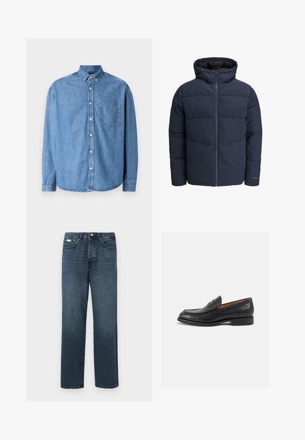Tamsiai mėlynas pūkinis švarkas su gaubtu, užtrauktuku priekyje ir chevrono raštu. Pagamintas iš tekstūruotos medžiagos su elastinėmis rankovėmis ir logotipo detale.; Šviesiai mėlyna džinsinė marškinė su ilgomis rankovėmis, mygtukų apykakle, priekinėmis kišenėmis ir laisvu siluetu. Audinio tekstūra atrodo lygi ir dėvėta.; Tamsiai mėlynos džinsinės kelnės, tiesaus modelio, su penkiomis kišenėmis, diržo kilpomis ir užtrauktuku. Lygaus tekstūros su subtiliais blukimo akcentais.; Juodi odiniai loafersai su lygiu paviršiumi, apvaliu pirštu ir dekoratyvine siūlė viršuje. Žemas sustiprintas kulnas ir lengvas blizgesys.