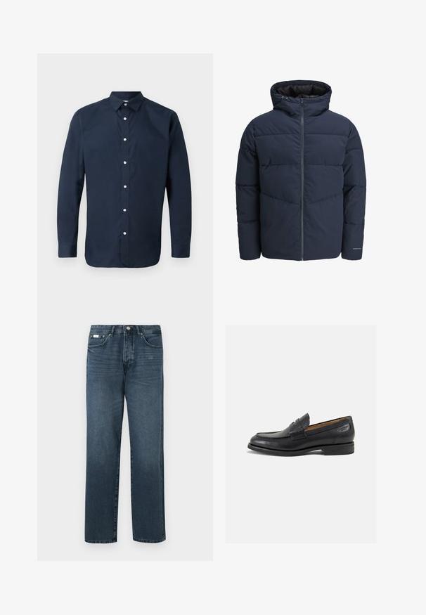 Námořnická puffer bunda s kapucí, zipem vpředu a šikmým švem. Vyrobena z texturované látky s elastickými manžetami a detailem loga.; Tmavě modrá košile s dlouhým rukávem vyrobená z hladké bavlny, se širokým límcem, předním zapínáním na knoflíky a knoflíkovými manžetami. Žádné viditelné vzory.; Tmavě modré džínové kalhoty se straight fit, pěti kapsami, poutky na opasek a zipovým zapínáním. Hladká textura s jemnými detaily vyblednutí.; Černé kožené mokasíny s hladkým povrchem, zaoblenou špičkou a dekorativním prošíváním na svršku. Nízký podpatka a mírný lesk.