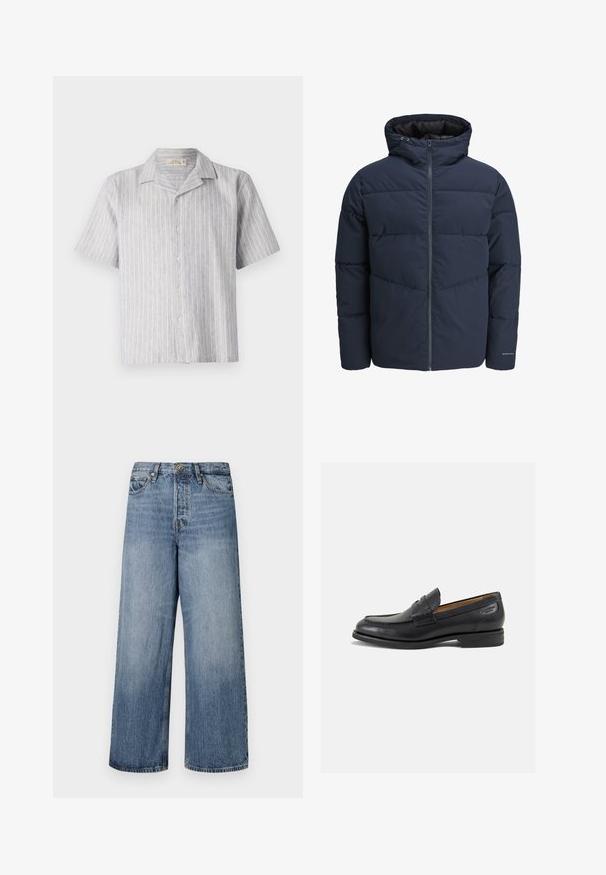 Veste en duvet navy avec capuche, fermeture éclair à l'avant et motif de piqûre en chevrons. Fabriquée en tissu texturé avec des poignets élastiques et un détail de logo.; Chemise à manches courtes à boutons en lin rayé bleu clair et blanc. Dotée d'un col classique et d'un ourlet droit, avec cinq boutons sur le devant.; Jean en denim bleu à jambes larges avec un lavage délavé, design à cinq poches et fermeture à bouton. Équipé de passants de ceinture et de détails cousus.; Mocassins en cuir noir avec une finition lisse, bout rond et coutures décoratives sur la tige. Talon bas empilé et léger brillant.