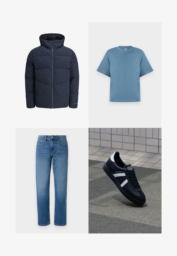 Jūras spēku stila pūkains džemperis ar kapuci, ar rāvējslēdzēju priekšpusē un ķevrona šuvju rakstu. Izgatavots no teksturēta auduma, ar elastīgām aprocēm un logotipa detalizāciju.; Zila īsām piedurknēm T-kreklā, kas izgatavots no kokvilnas, ar apaļu kakla izgriezumu un brīvu piegriezumu. Gluda tekstūra, minimālistisks dizains, bez rakstiem vai akcentiem.; Zilas denima bikses ar taisnu piegriezumu, ar priekšējām kabatām, rāvējslēdzēju un pogu aizdari. Gluda tekstūra un klasiskā denima krāsa.; Melnā ādas sporta apavi ar baltām svītrām, teksturēta gumijas zole un auklu aizdare. Iekļauj zīmola etiķeti uz mēles.