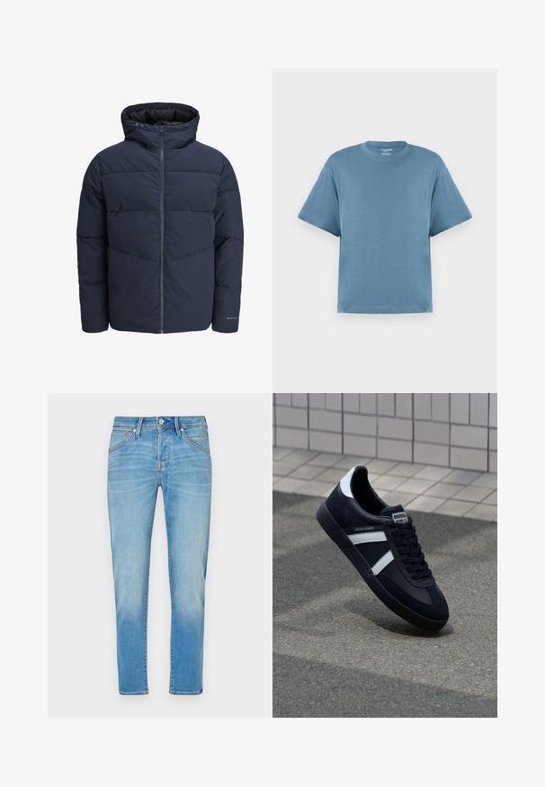 Mornarska puf jakna s kapuco, zadrgo spredaj in chevron vzorcem. Narejena iz teksturiranega blaga z elastičnimi manšetami in logotipom.; Modra kratka majica s kratkimi rokavi, izdelana iz bombaža, s krožnim ovratnikom in sproščenim krojem. Gladka tekstura, minimalistična zasnova, brez vzorcev ali dodatkov.; Svetlo modri denim kavbojke s ravnim krojem, z gumbom za zapiranje, petimi žepi in diskretnim zbledeljem na tkanini.; Črne usnjene superge z belimi črtami, teksturiran gumijast podplat in zavezovanje spredaj. Imajo označeno oznako na ježku.